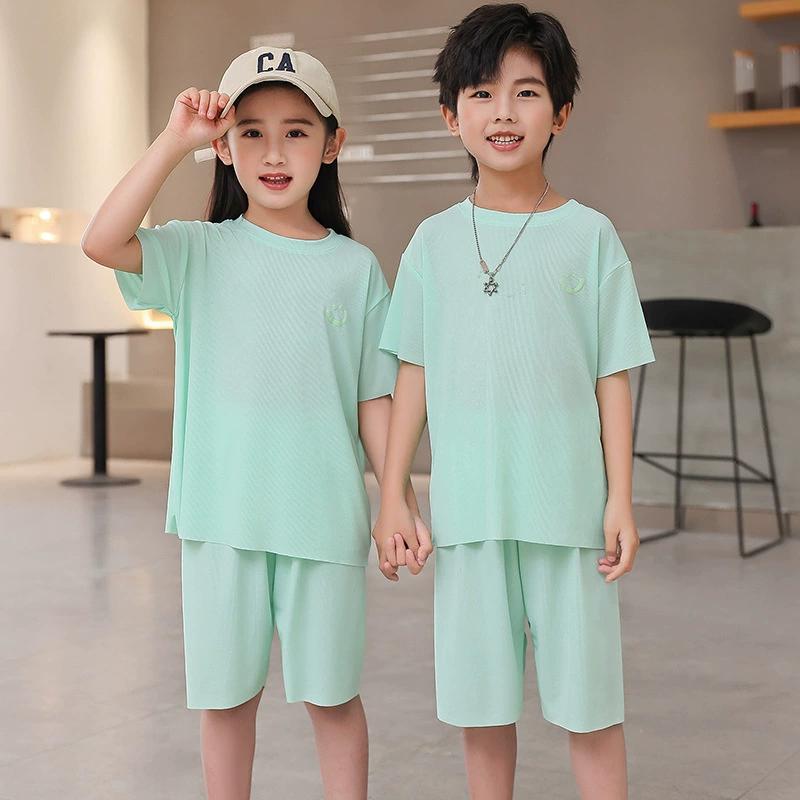 Children's Short-sleeved Suit T-shirt Ice Silk Big Children Girls Boys Baby Pajamas Summer Thin Two-piece Home Service