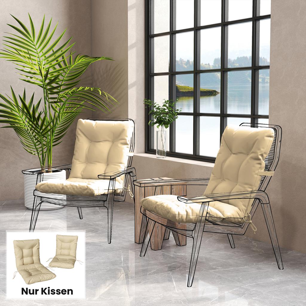 Outdoor Seat Cushion with Backrest and Ties, Water-Repellent Cushion for Indoor and Outdoor Use, Beige