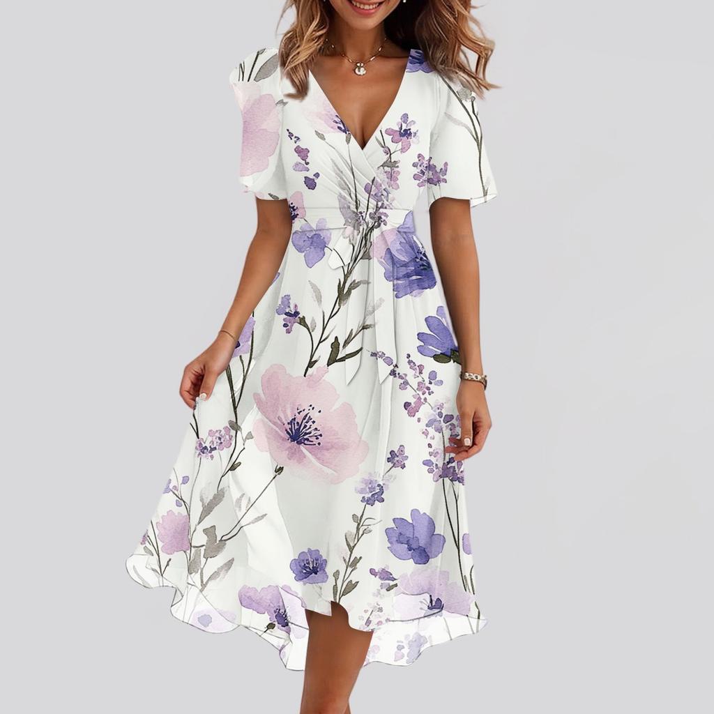 Women's Fashion Casual V Neck Short Sleeve Ruffled Vintage Printed Dresses