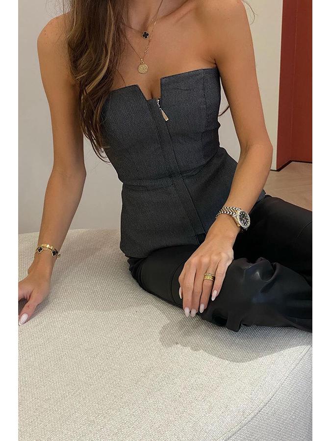 2024 Европейский и американский топ с открытым плечом, облегающего кроя – Весенне-летняя мода с разноцветной молнией