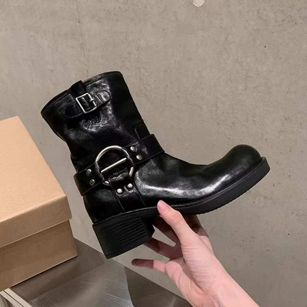 Версия из коровьей кожи~ натуральная кожа ретро металлическая пряжка толстый каблук вестерн короткие сапоги женские осень и зима новые панк локомотив рыцарские сапоги