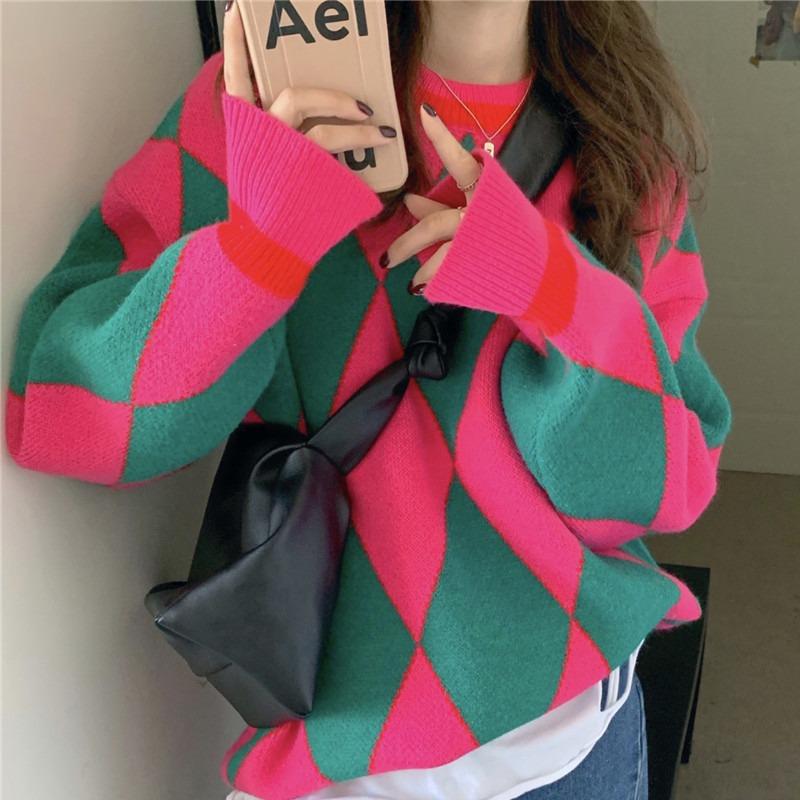 Осенние женские пуловеры, повседневный свободный свитер с длинными рукавами, модный ромбовидный узор, круглый вырез, трикотаж, зимняя теплая уличная одежда