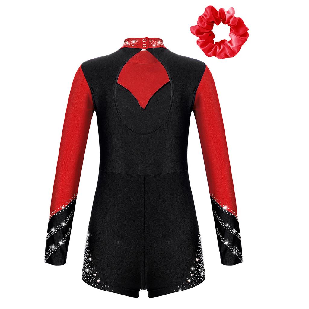 Танцевальный комбинезон для девочек с длинным рукавом, воротником-стойкой, блестящими стразами, вырезом на спине и аксессуаром для резинки для волос
