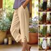Women Cropped Pants Elastic Waist Wide Leg Beach Pants with Pockets Solid Color Casual Loose Fit Pants