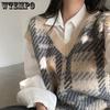 Вязаный жилет в клетку с V-образным вырезом в стиле ретро для женского осенне-зимнего сезона, свободный свитер-жилет