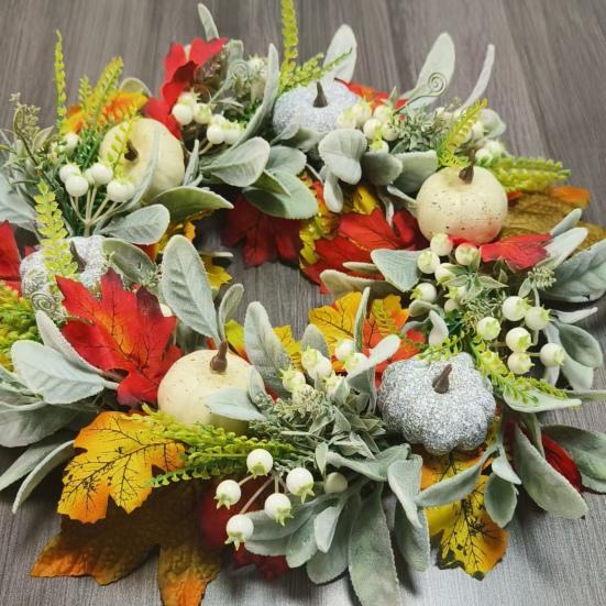 Осенний венок из тыквы для входной двери, деревенская гирлянда осеннего урожая с кленовыми листьями и ягодами, украшение на Хэллоуин и День благодарения для украшения фермерского дома