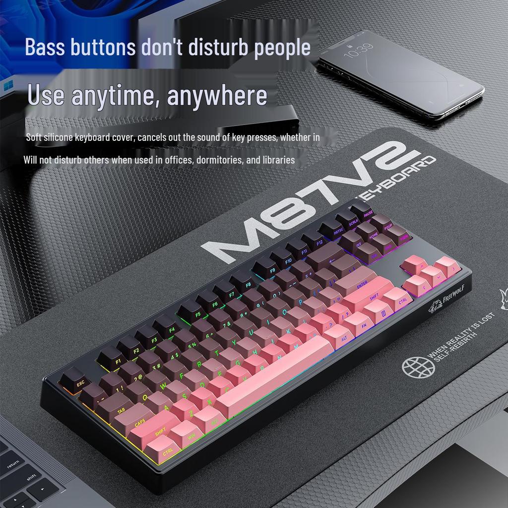 Беспроводная RGB-клавиатура с механическим ощущением Free Wolf M87V2 с боковой печатью на PBT-колпачках и Bluetooth.
