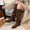 Мягкий! Женские ботинки с круглым носком и толстым каблуком, женские ботфорты до колена, серые рыцарские ботинки, женские ботинки с подкладкой, коровья замша, универсальные, средний каблук, тренд