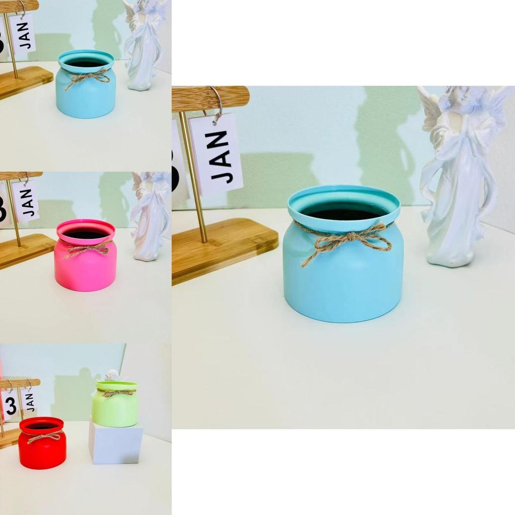 Plastic Flower Pot With Macaron Color Edging And Butterfly Bow For Hotel Wedding Decor Faux Plant Display