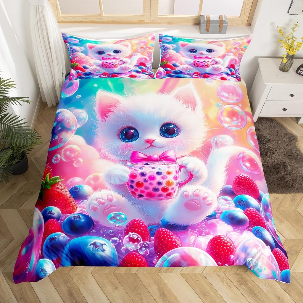 Cartoon Cat Pattern Duvet Cover Queen King Size Soft Bedding Set For Girls Toddlers Teens 3 Piece Set With 2 Pillowcases