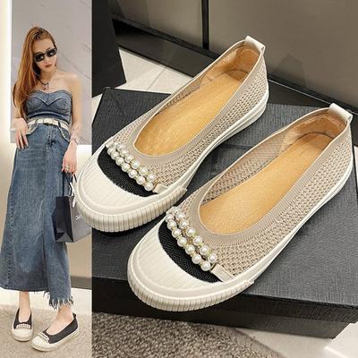 Женские летние и осенние лоферы на плоской подошве с жемчужной цепочкой и жемчужной цепочкой. Легкие трикотажные лоферы без шнуровки, дышащие мягкие удобные туфли на плоской подошве