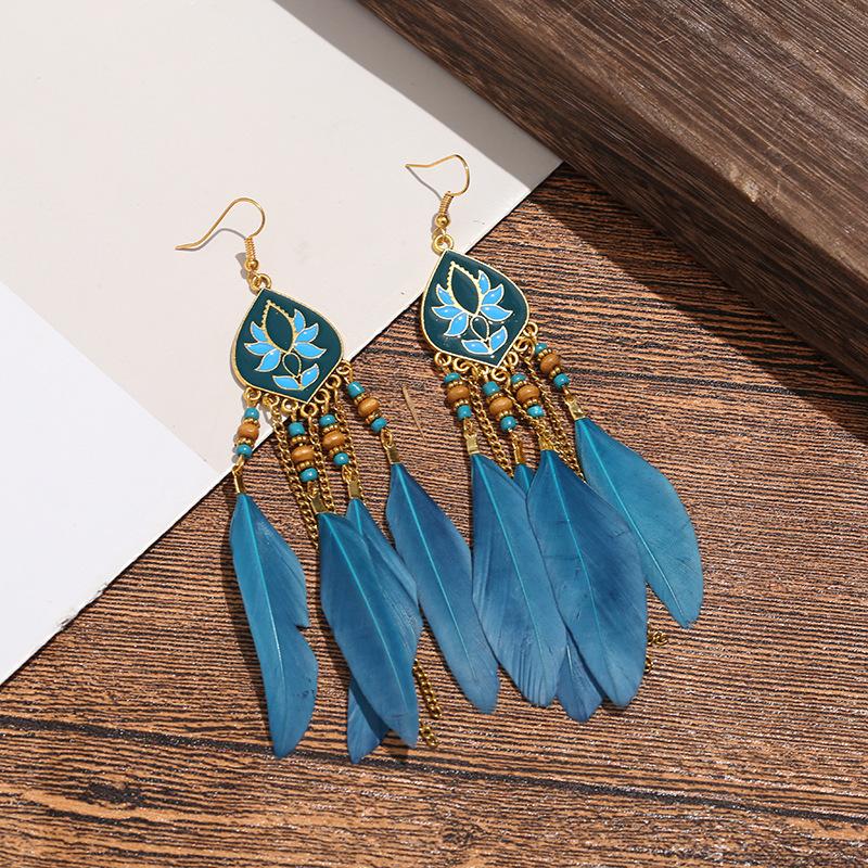 Bohemian Feather Long Earrings Personalized Chain Fringed Ear Hook Red Earrings