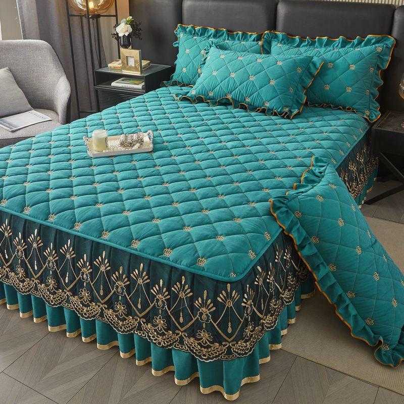 Комплект из 3 предметов: Корейская юбка для кровати принцессы, Европейское кружевное покрывало с наволочками, Современный вышитый кружевной протектор для постельного белья