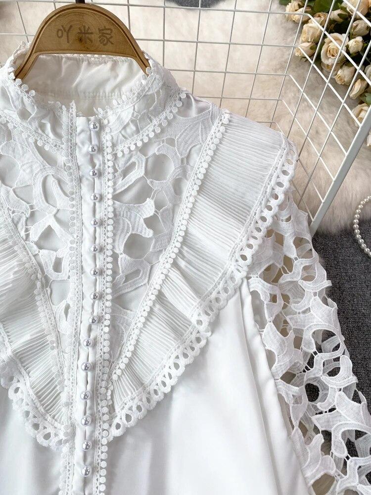 Винтажная блузка в стиле суда для женщин, с воланами, ажурные кружевные лоскутные рубашки с длинными рукавами-фонариками, женские блузки, Прямая поставка