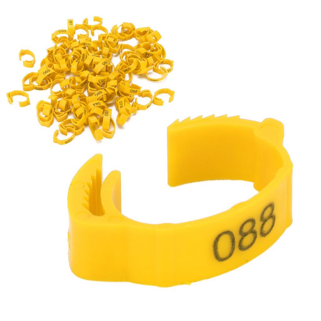 100Pcs Poultry Foot Rings Identification Leg Buckle with Numbers for Chicken Duck BirdYellow