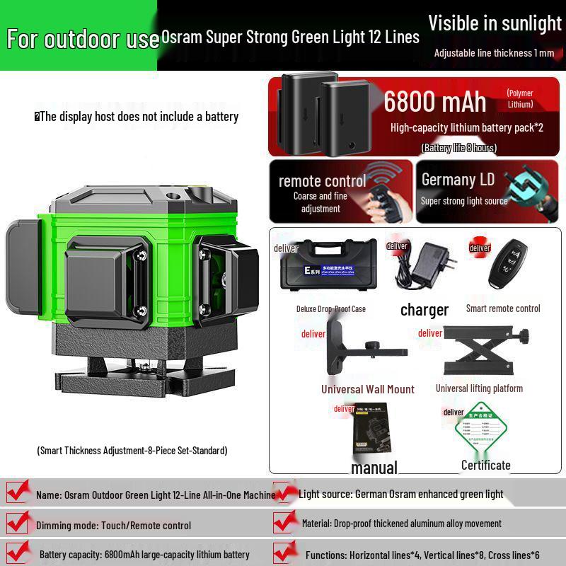 Green Light Laser 8/12/16 High-Precision Infrared Level for Walls/Floors