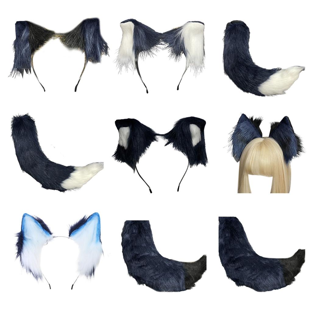 Ободок с волчьими ушами Хвост Девочки Косплей Аксессуары Звериные уши Синий Фурсьют Маскарад Хэллоуин Косплей Вечеринка