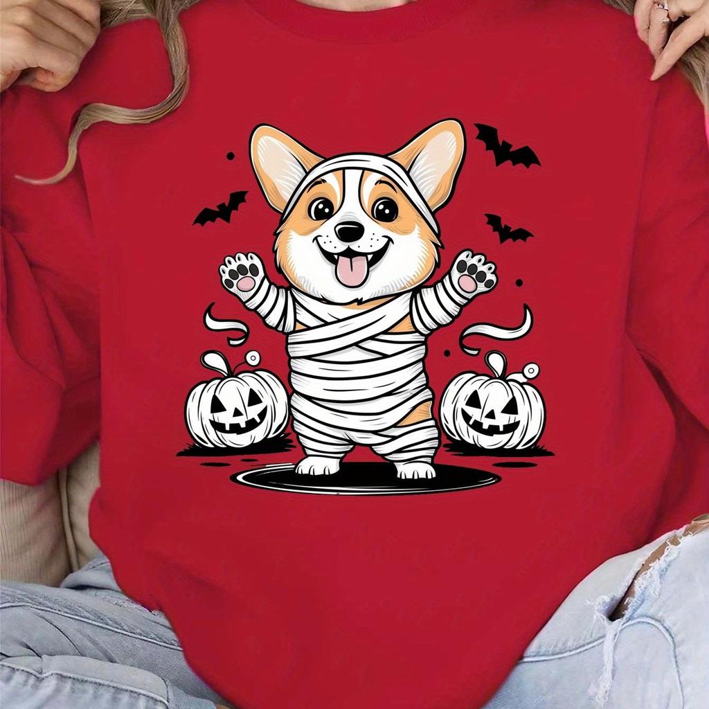 Corgi Mummy Costume Printed Pullover, Casual Long-sleeved Crew Neck Sweatshirt, Suitable for Spring and Autumn, Women's Clothing