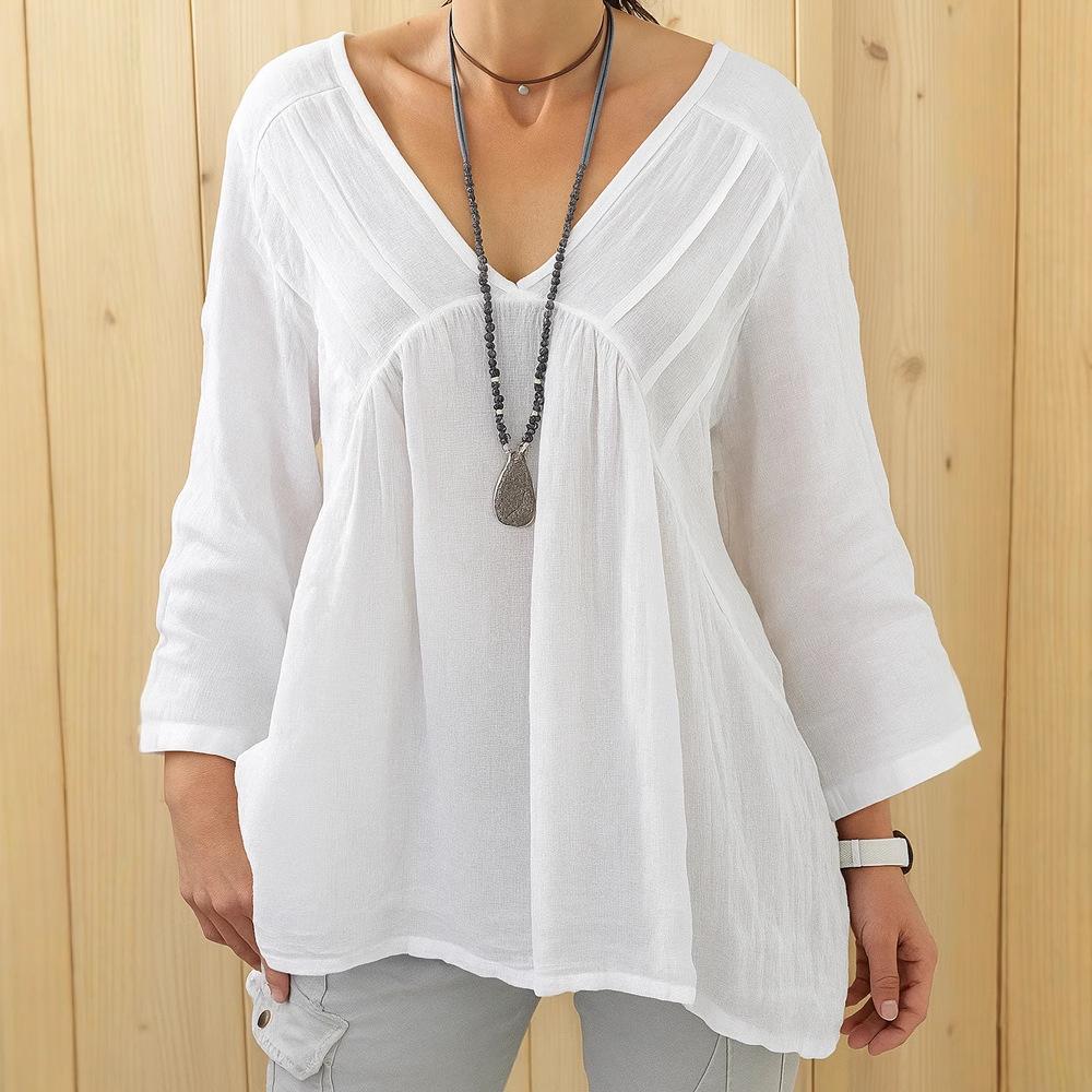 Новая женская повседневная футболка с V-образным вырезом, длинным рукавом, свободного кроя, однотонная, многоцветная