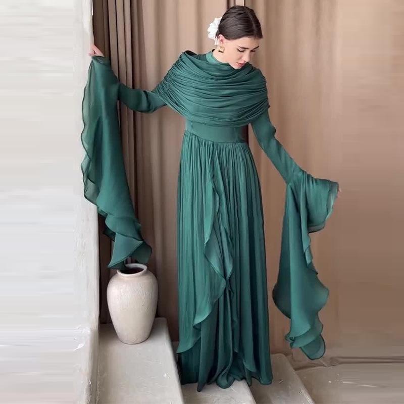 Женское formalное макси-платье с круглым вырезом и длинными рукавами, облегающего кроя, со средней посадкой, из плиссированного шифона, вечернее платье для гостей на свадьбу, банкета, осенних официальных мероприятий