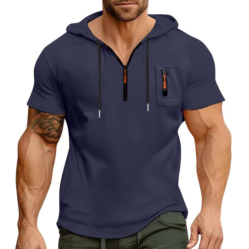 Men's Summer Shirt Zipper Pocket Short Sleeve Hooded Sweatshirt Men's Sports Large Size Casual Sweatshirt