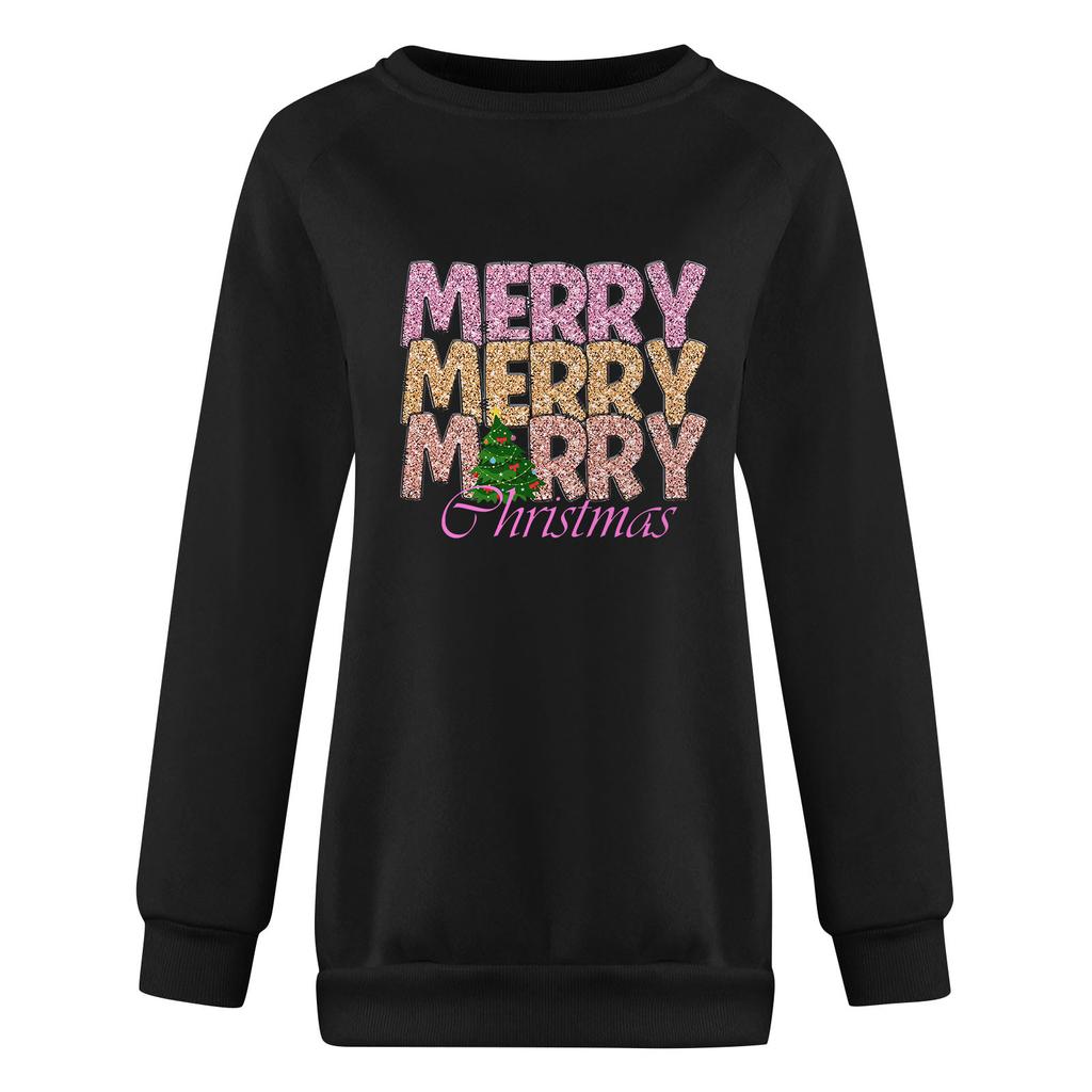 Женские футболки, свободные, модные и повседневные толстовки с круглым вырезом и длинными рукавами с рождественским принтом