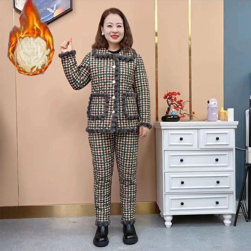 Winter Plus Velvet Thick Cotton-padded Jacket and Trousers Pajamas Suit Women's Warm Padded Jacket Two-piece Cotton-padded Jacket