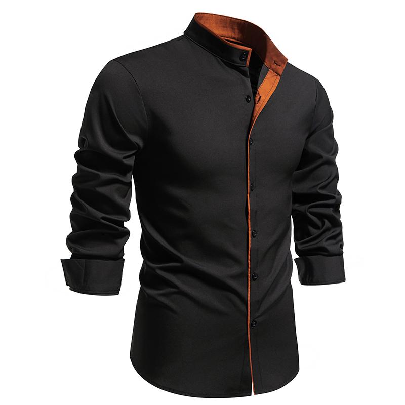 Autumn Men's Color Blocking Shirts Long Sleeve Henry Collar Casual Shirts Single Breasted Shirts Classical Tops