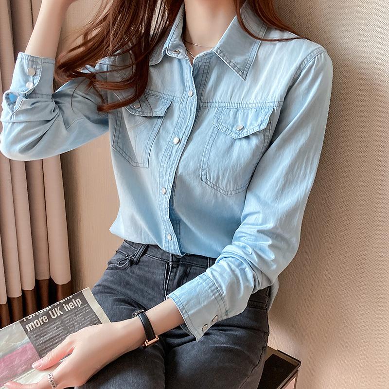 Spring and Autumn Women's Denim Shirt POLO Collar Long Sleeve Slim Fashion Denim Tops