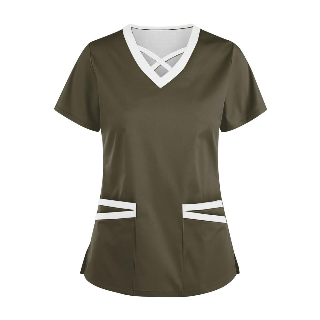 Women's Fashionable V-Neck Short-Sleeved Work Clothes With Drawstrings And Pockets Color Matching Tops And Protective Clothing