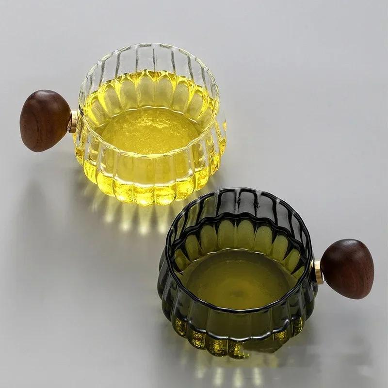 250 мл Кружка для кофе из высокоборосиликатного стекла Форма тыквы Полосатая Термостойкая Деревянная ручка Чашка для латте Чашка для завтрака Чашка для молочного чая