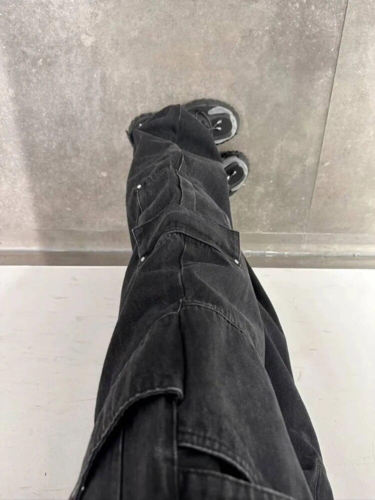 Американские винтажные уличные джинсы с несколькими карманами Женская мода с высокой талией Прямые свободные брюки-карго Женские Y2k Корейские повседневные широкие брюки