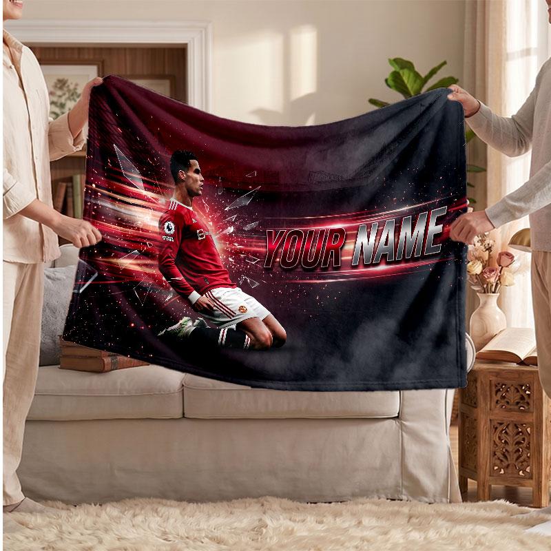 Cristiano Ronaldo Personalized Fleece Blanket With Football Logo, Custom Name Text Soft Warm Home Throw Blanket