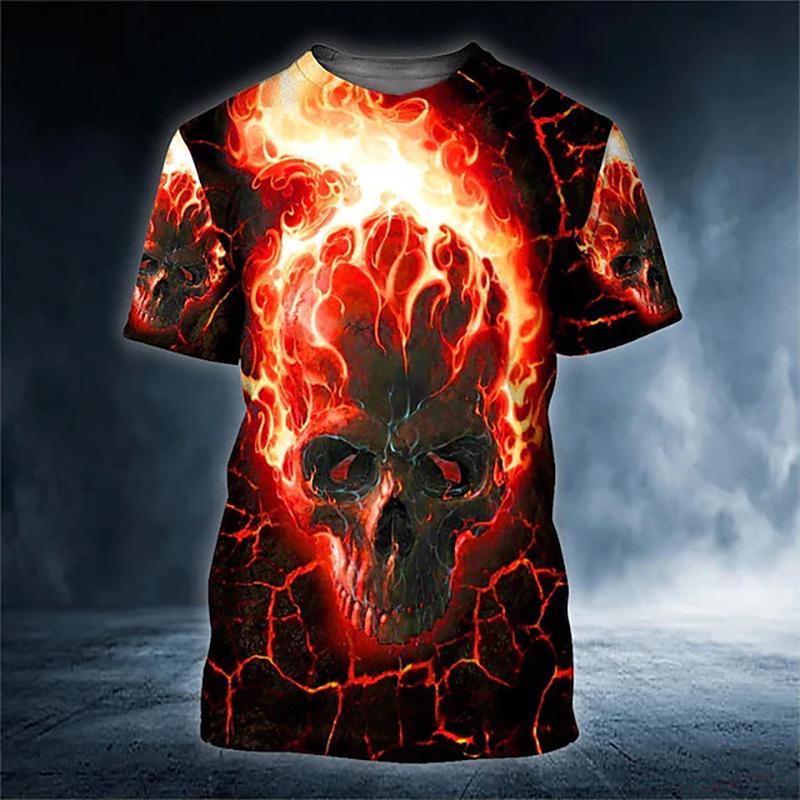 Футболки с 3D-принтом Flame Skull для мужчин и женщин, с коротким рукавом и круглым вырезом, повседневные футболки Harajuku Y2k