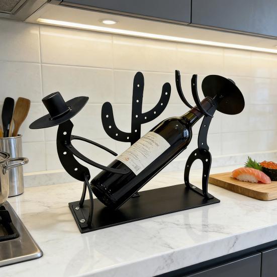 Wine Bottle Holder Cowboy Cactus Silhouette Rustic Southwestern Metal Wine Rack Tabletop Stable Storage Organizer Dining Room Western Decor