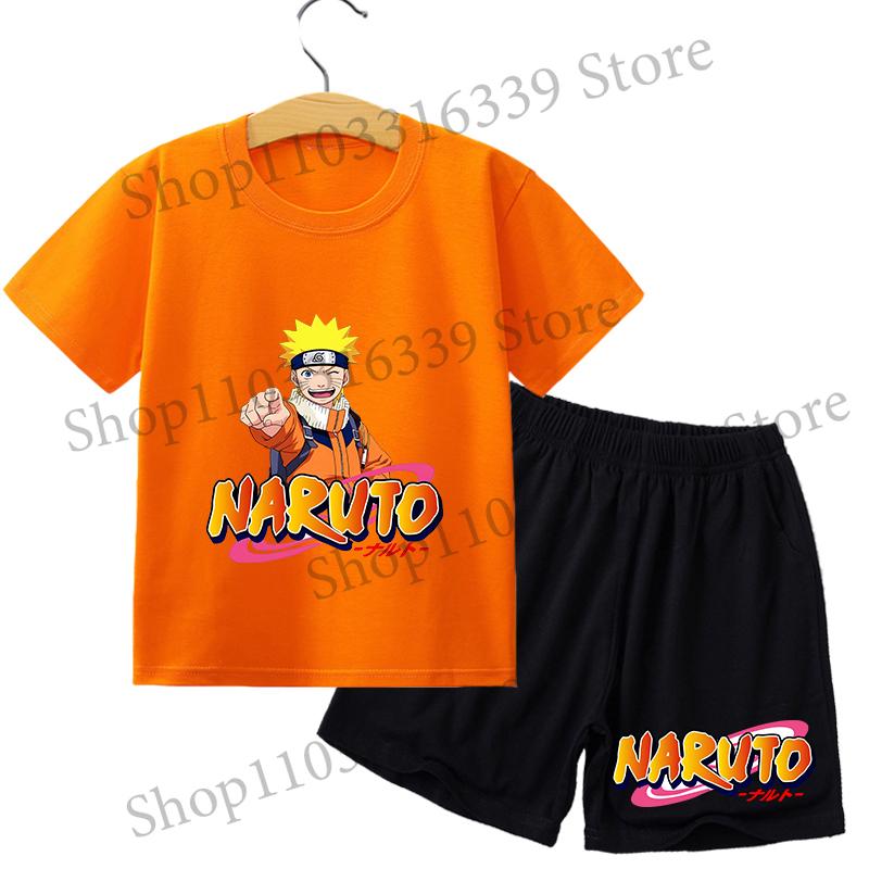 Naruto Boy Girl T-shirt Set Cartoon Tees Anime Cartoon Children Cotton Short Sleeves Shorts 2pcs Set Kids Fashion Summer Clothes