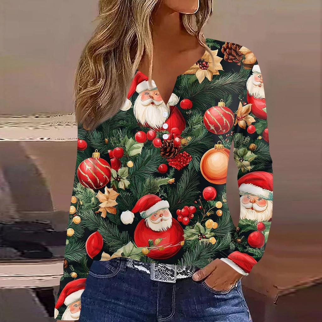 Женская футболка с рождественским принтом на пуговицах с длинным рукавом, повседневная, выходного дня, модная, базовая, с V-образным вырезом, обычная