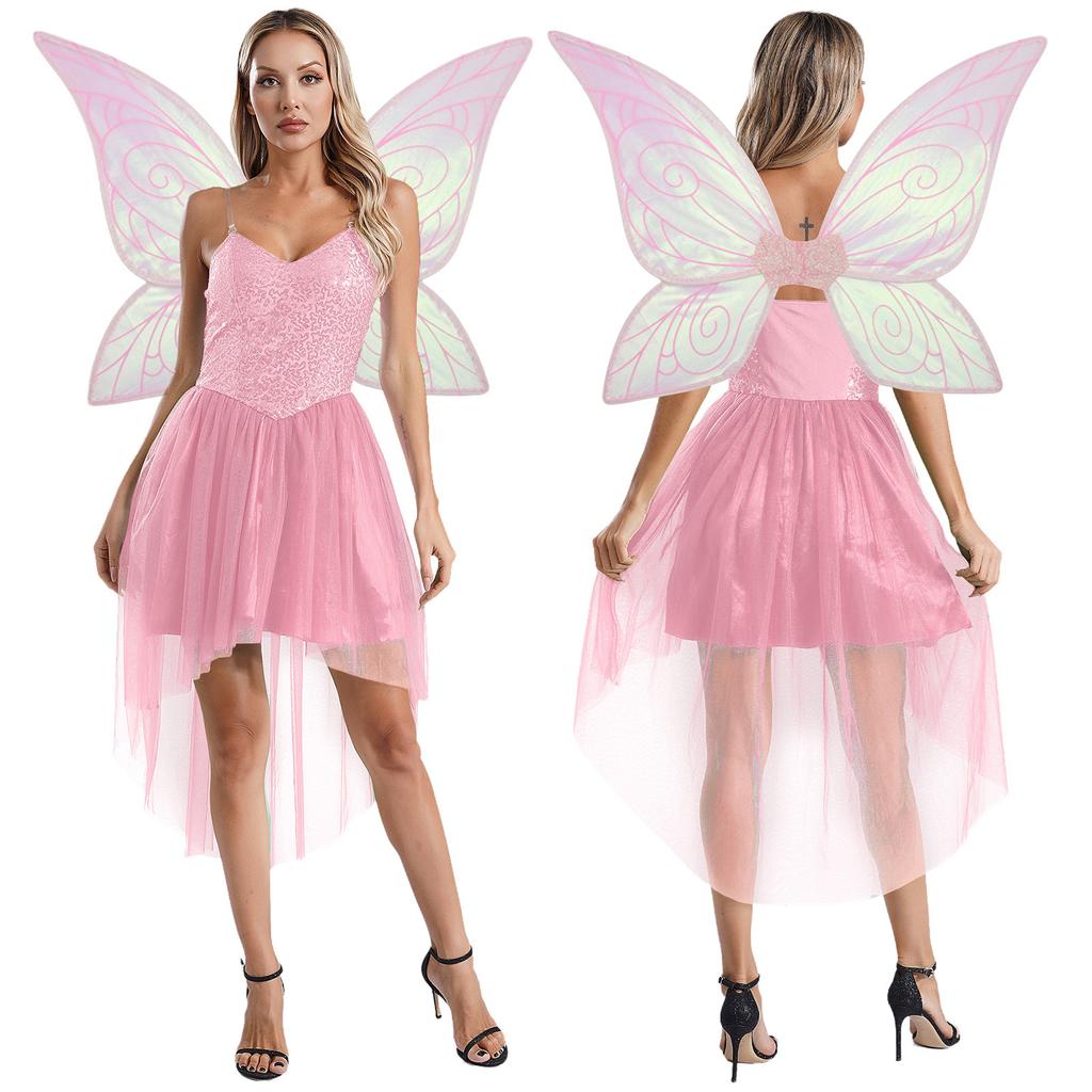 Женский костюм для косплея эльфа из 2 предметов, платье с пайетками и крыльями на Хэллоуин, Рождество, карнавал, фестиваль, вечеринка, костюм для выступлений