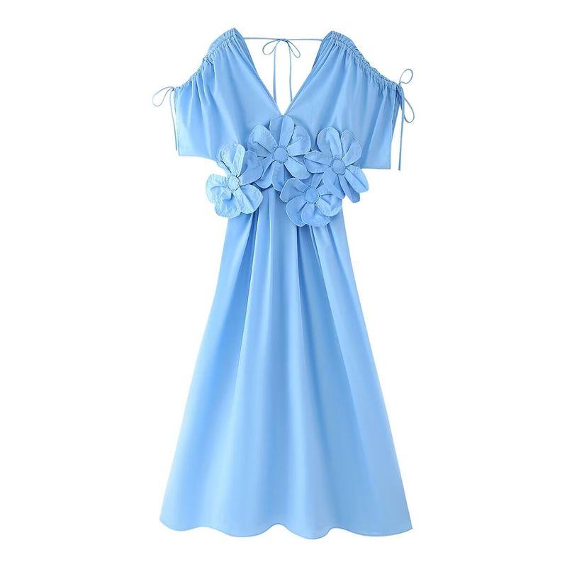 Kaslead New Arrival Women's Clothing Fashion Style Fashion Three-Dimensional Flower V Neck Short Sleeve Drawstring Dress