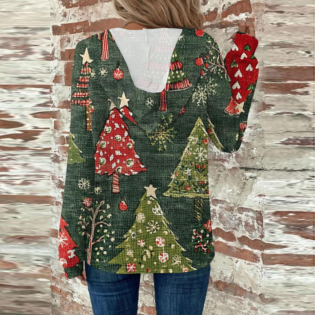 Женская мода с длинным рукавом, завязками на шнурке, капюшоном, пуговицами, V-образным вырезом, повседневная толстовка с капюшоном и рождественским принтом