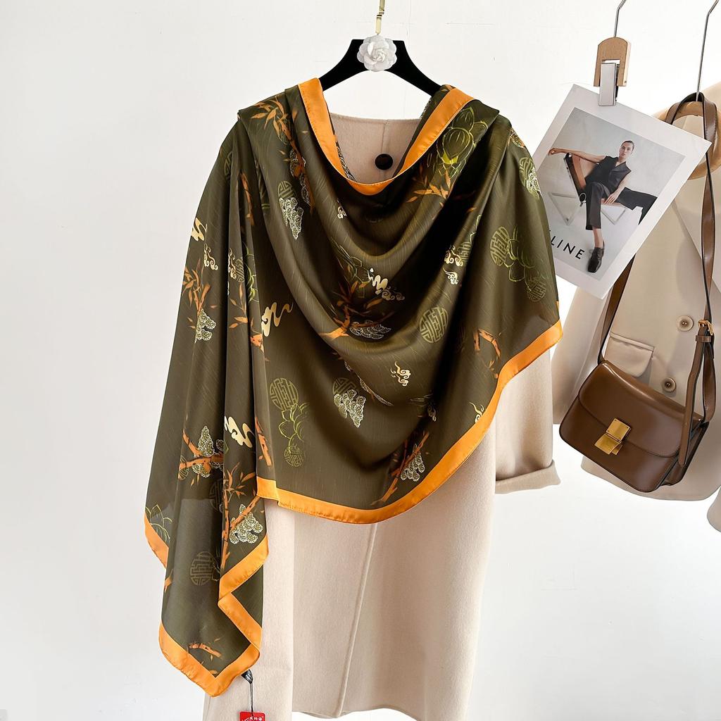 Women's Air-conditioning Room Outside the Shawl Spring and Summer Plant Flowers Travel Holiday Sunscreen Thin Silk Scarf