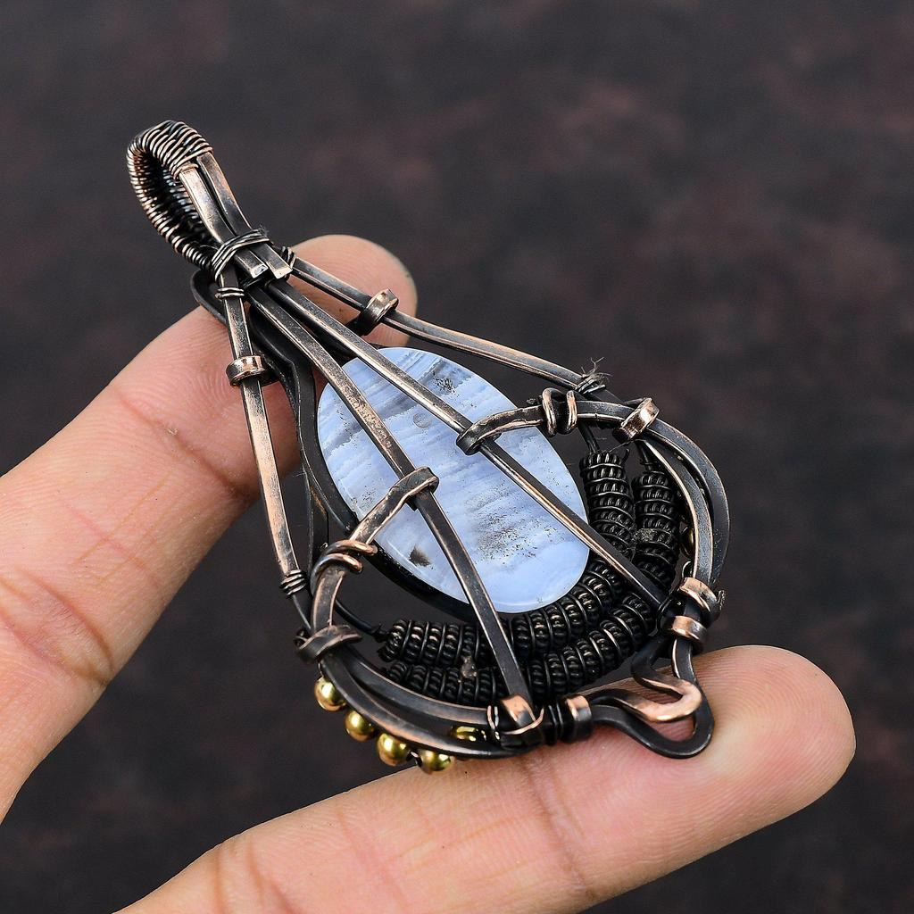 Кулон из голубого кружевного агата, кулон, обернутый медной проволокой, медные украшения, очень красивый кулон с драгоценным камнем, украшения из проволоки, кулон ручной работы для подарка