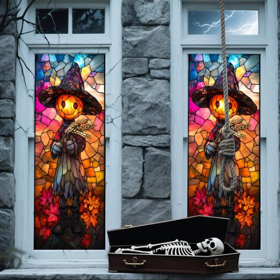 Хэллоуин Наклейка на окно Водонепроницаемый ПВХ Череп Паук Тыква Ведьма Мрачный Жнец Статическая наклейка на стекло Украшение для дома, офиса, вечеринки Декаль