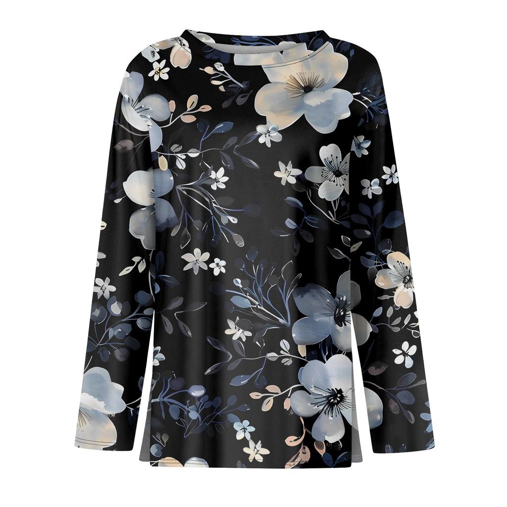 Женская модная повседневная свободная футболка с принтом и круглым вырезом с разрезом и длинным рукавом, женский топ