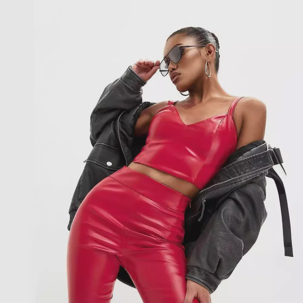 European & American Women's High-Waist PU Leather Flared Pants - 2024 Black Shiny Style