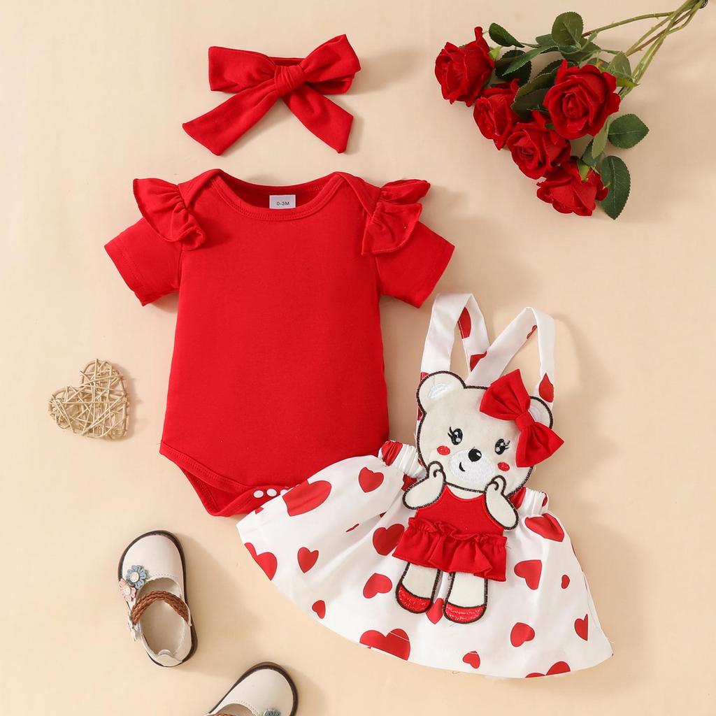 Sweet Cartoon Bear Baby Girl Summer Skirt Set - Includes Solid Color Short-Sleeved Top, Suspender Skirt, and Hairband.