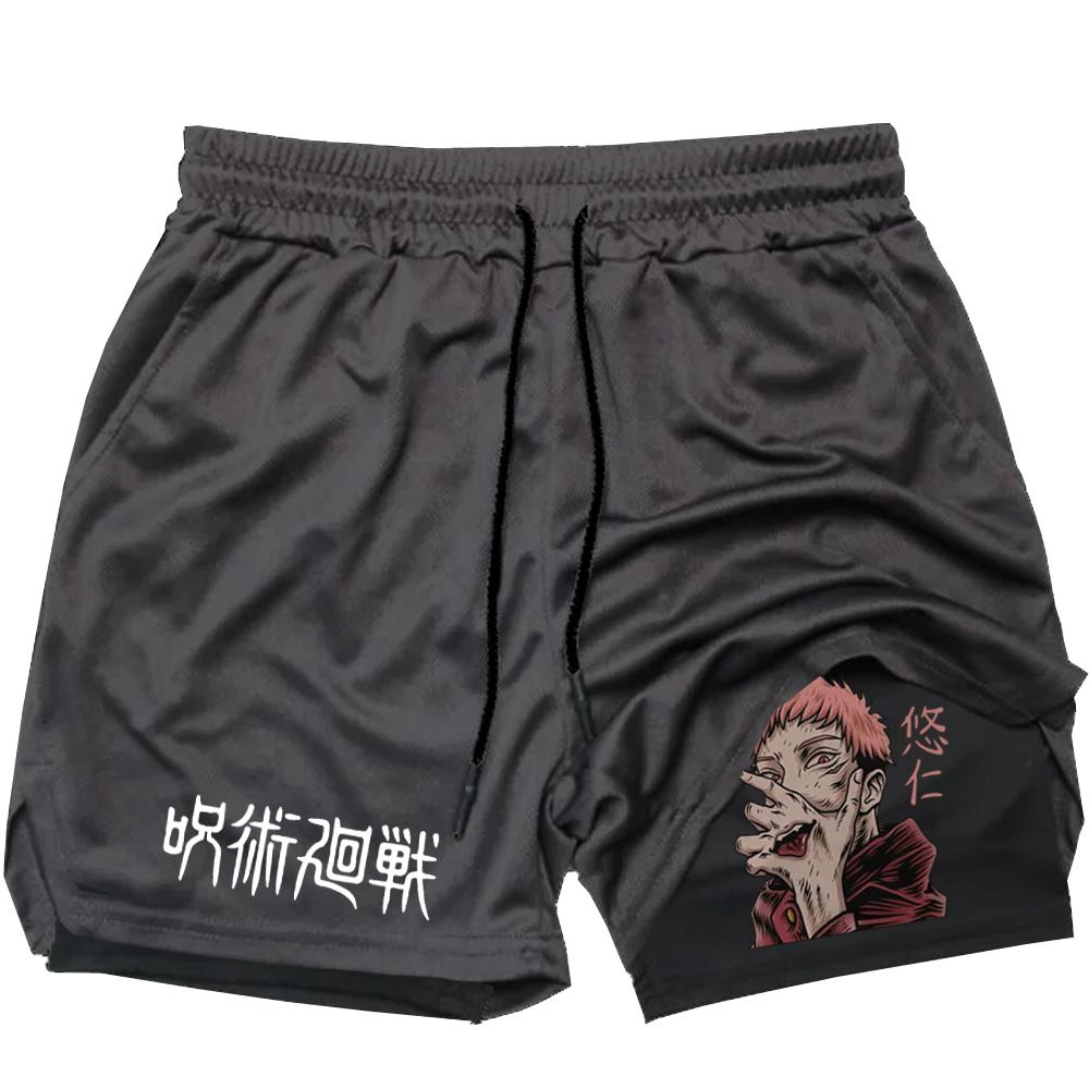 Компрессионные шорты в стиле аниме, летняя спортивная одежда, мужские спортивные шорты для тренажерного зала 2 в 1, мужские шорты для фитнеса и фитнеса