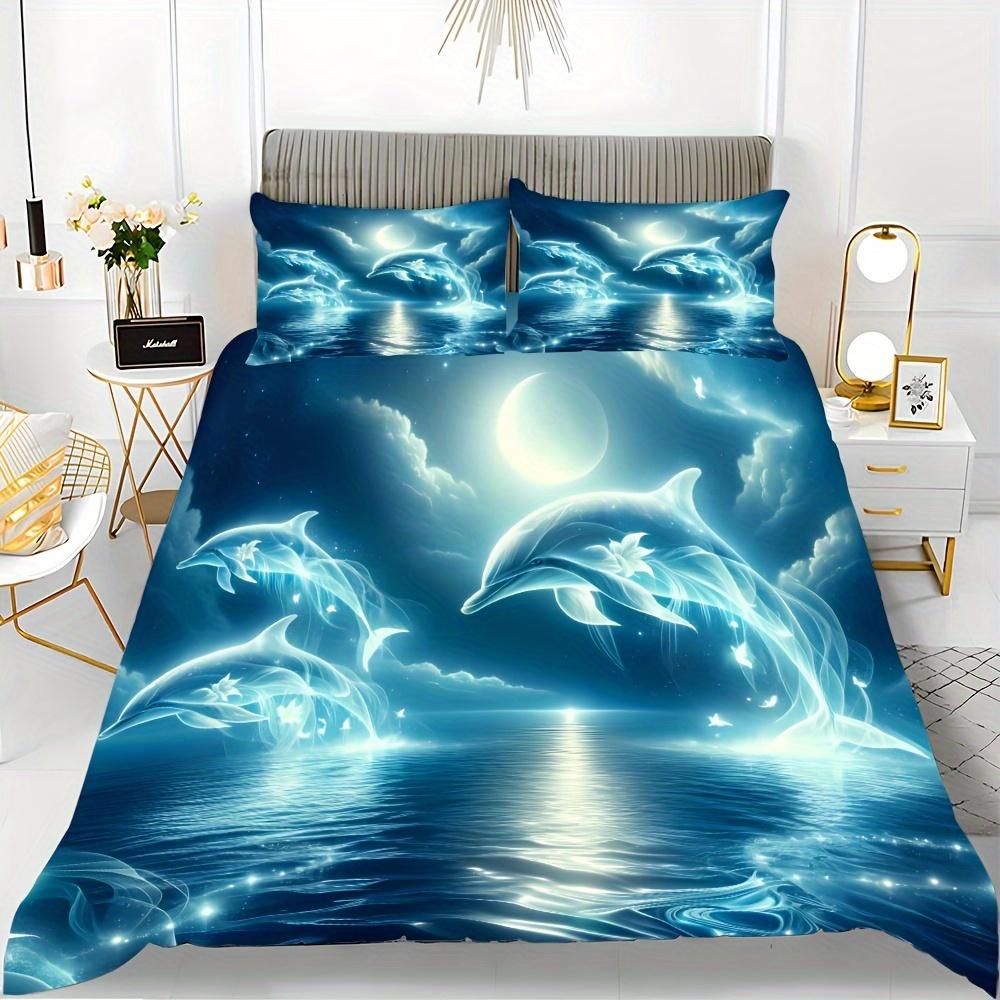 3pcs Dolphin Duvet Cover Set, Super Cute Animal Print Dolphins Quilt Cover With Pillowcase, Comfortable Breathable Bedding Set