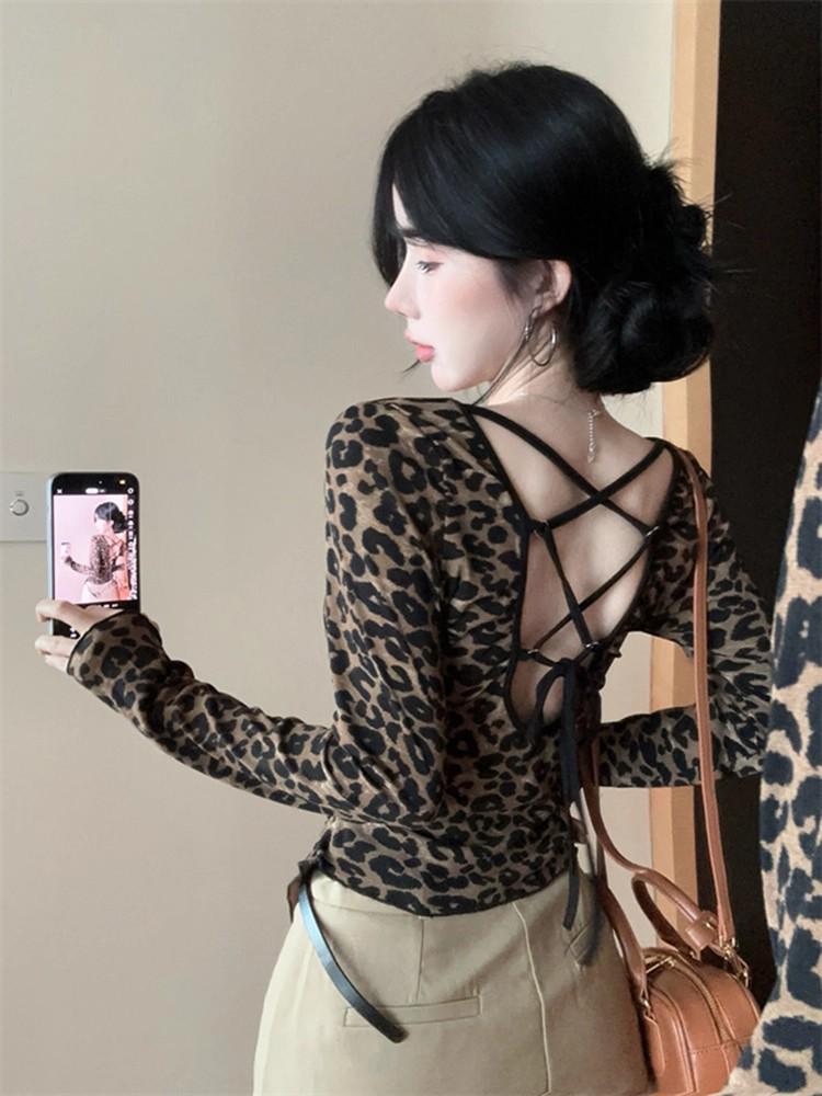 Chic Leopard Print Open-Back Tie-Up Long-Sleeve T-Shirt for Women - Autumn Edition
