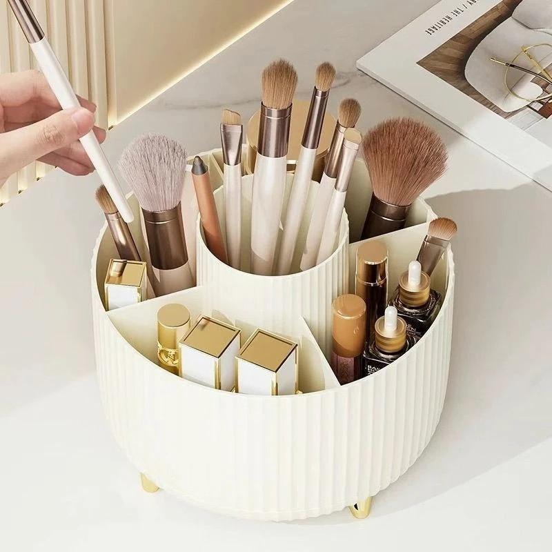 1PC 360° Rotating Makeup Organizer Multi-Functional Plastic Cosmetic Storage with 5 Compartments Brush Holder for Desktop